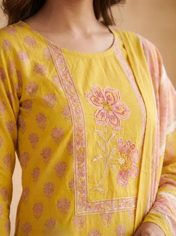 Mustard_And_Yellow_Cotton_Embroidered_Straight_Kurta_Set_For_Women_Pack_Of_2