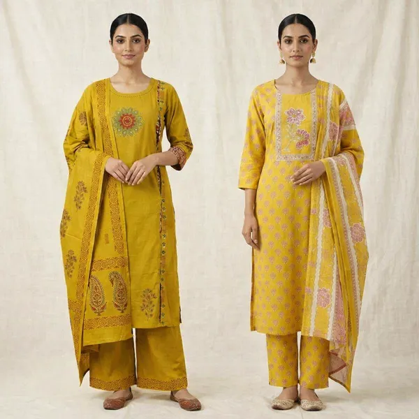 Mustard_And_Yellow_Cotton_Embroidered_Straight_Kurta_Set_For_Women_Pack_Of_2