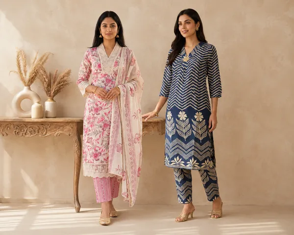 Blue_And_Pink_Cotton_Chevron_Print_Kurta_With_Pant_Set_For_Women_Pack_Of_2