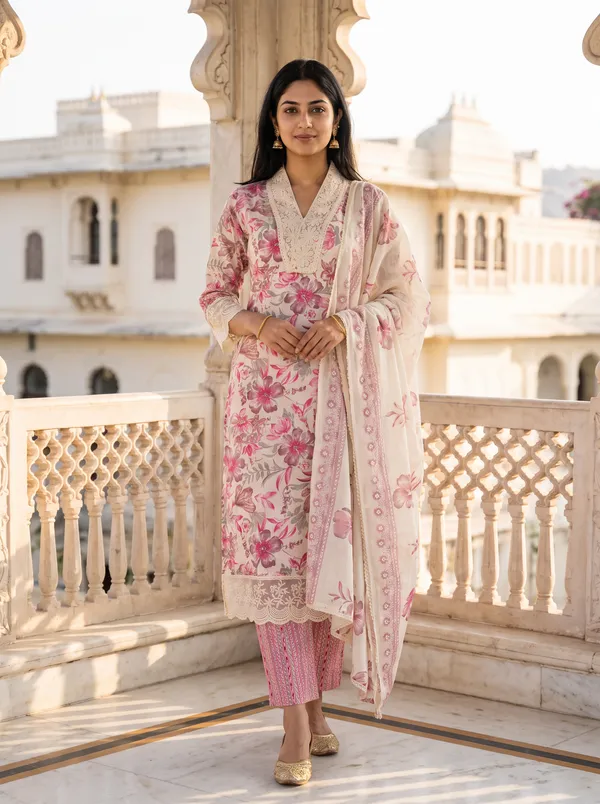 Blue_And_Pink_Cotton_Chevron_Print_Kurta_With_Pant_Set_For_Women_Pack_Of_2