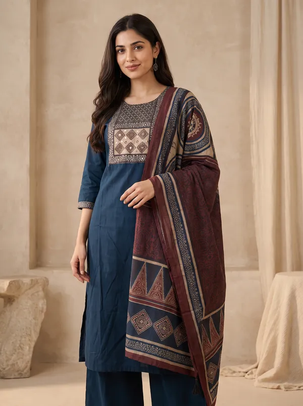 Peacock_Blue_And_Maroon_Cotton_Embroidered_Kurta_Palazzo_Set_With_Printed_Dupatta_For_Women_Pack_Of_2