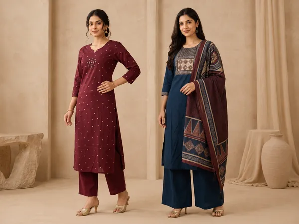 Peacock_Blue_And_Maroon_Cotton_Embroidered_Kurta_Palazzo_Set_With_Printed_Dupatta_For_Women_Pack_Of_2