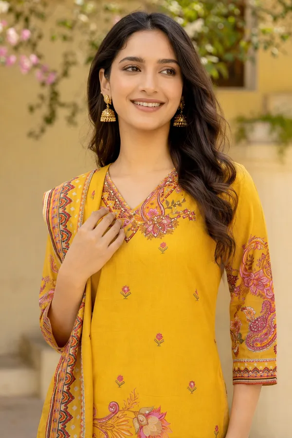 Yellow_Cotton_Floral_Print_Kurta_Set_With_Dupatta_For_Women
