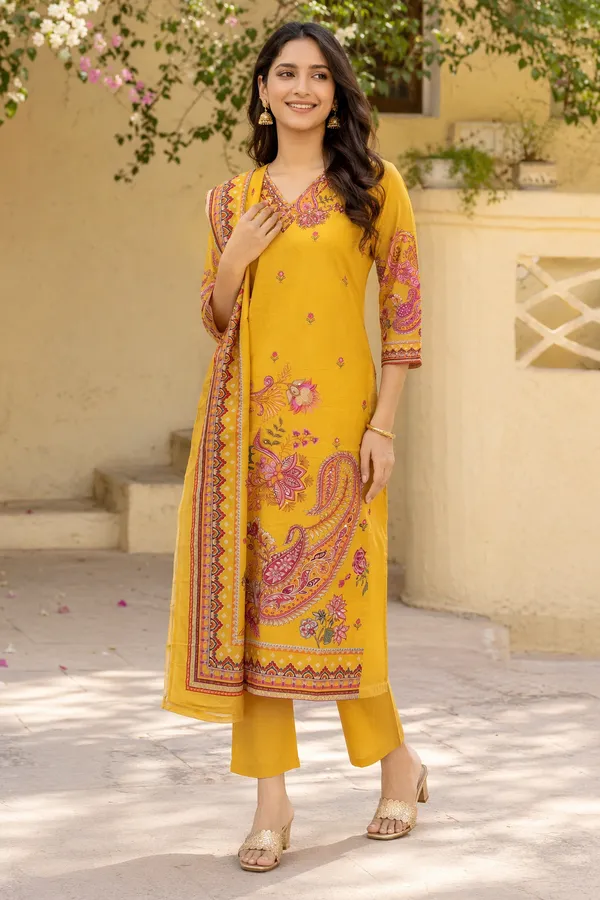 Yellow_Cotton_Floral_Print_Kurta_Set_With_Dupatta_For_Women