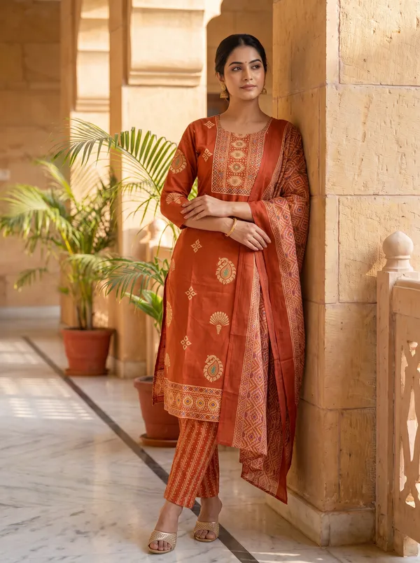 Rust_Cotton_Printed_Embroidered_Straight_Kurta_With_Dupatta_For_Women
