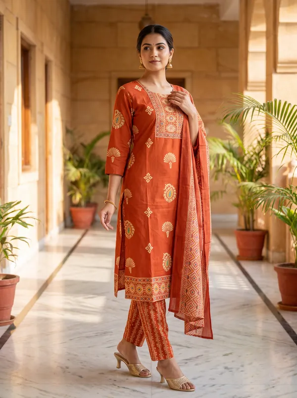 Rust_Cotton_Printed_Embroidered_Straight_Kurta_With_Dupatta_For_Women