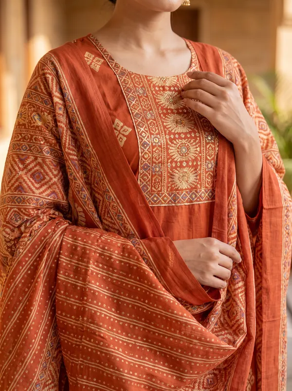 Rust_Cotton_Printed_Embroidered_Straight_Kurta_With_Dupatta_For_Women