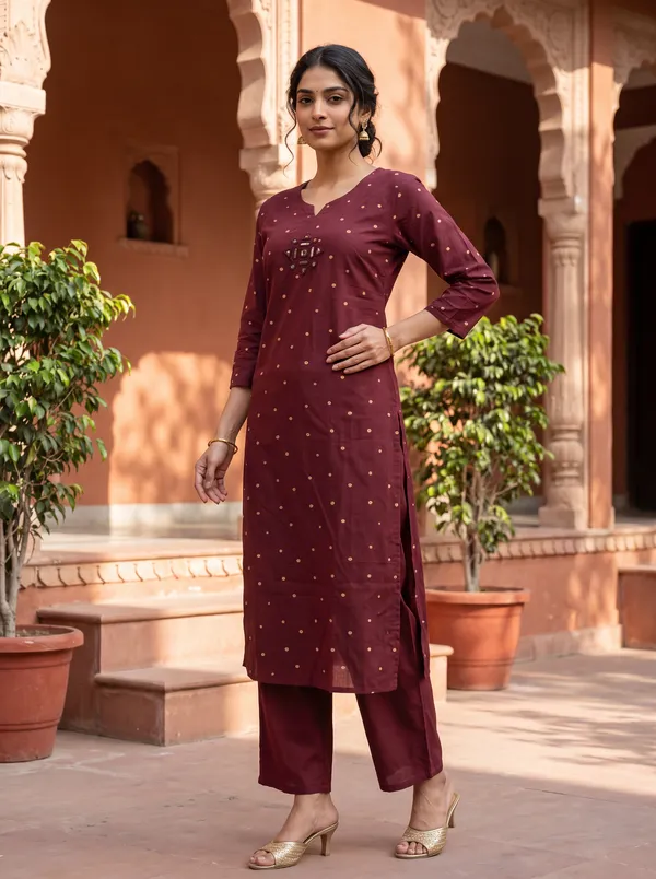Maroon_Cotton_Polka_Dot_Mirror_Work_Kurta_For_Women