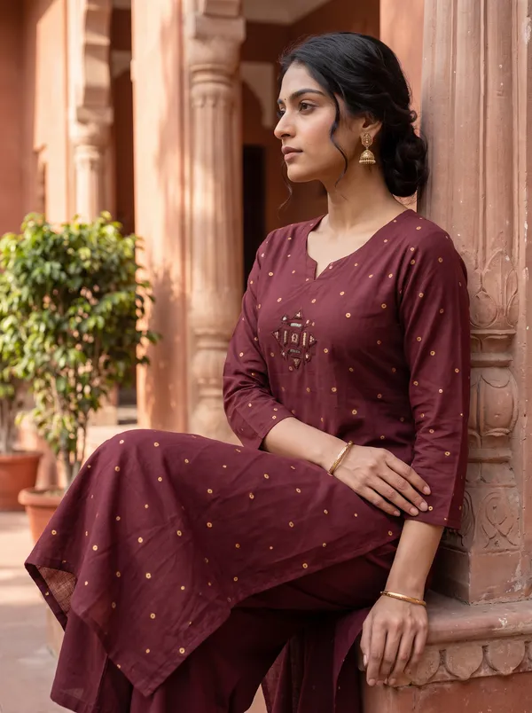 Maroon_Cotton_Polka_Dot_Mirror_Work_Kurta_For_Women