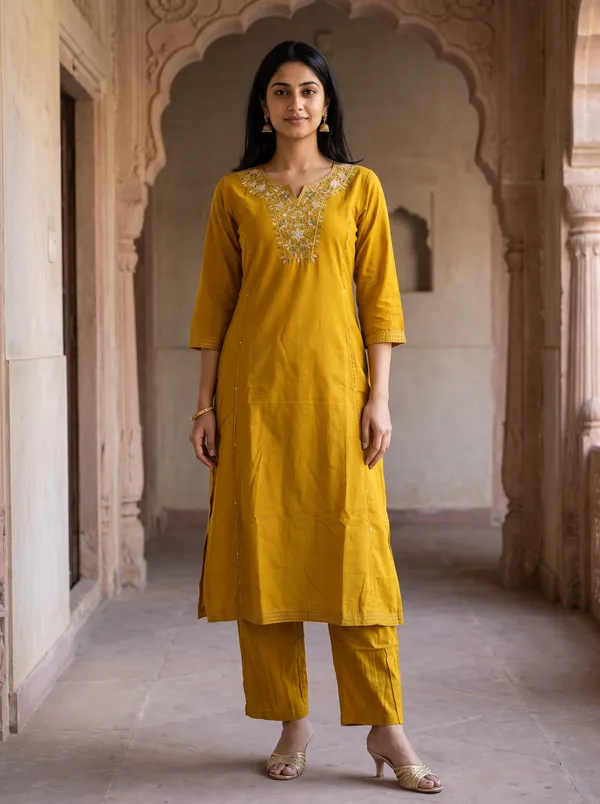 Mustard_Cotton_Embroidered_Straight_Kurta_For_Women