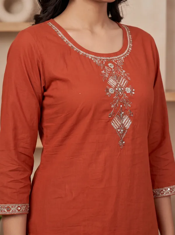 Rust_Cotton_Embroidered_Straight_Kurta_With_Batik_Dupatta_For_Women