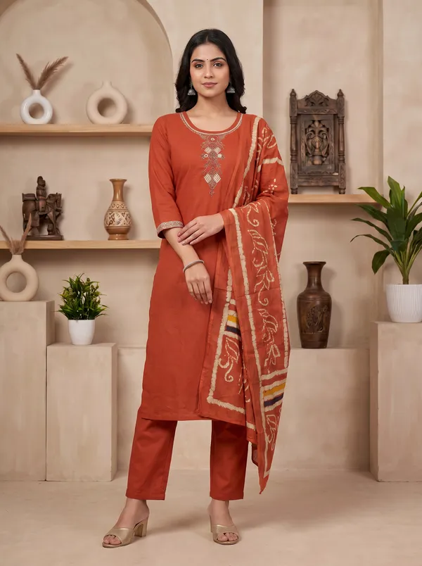 Rust_Cotton_Embroidered_Straight_Kurta_With_Batik_Dupatta_For_Women