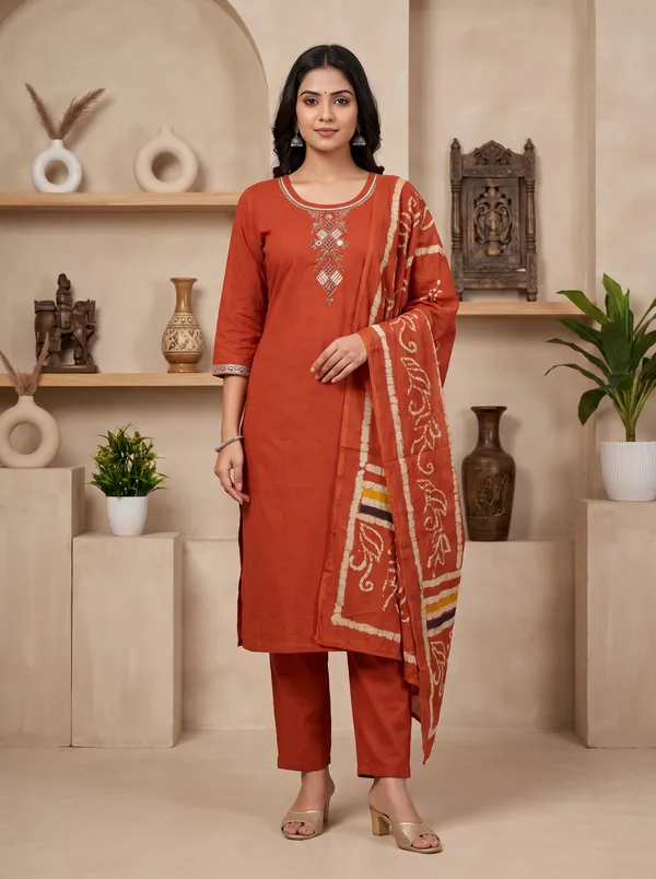 White_And_Rust_Cotton_Embroidered_Floral_Print_Kurta_With_Dupatta_For_Women_Pack_Of_2