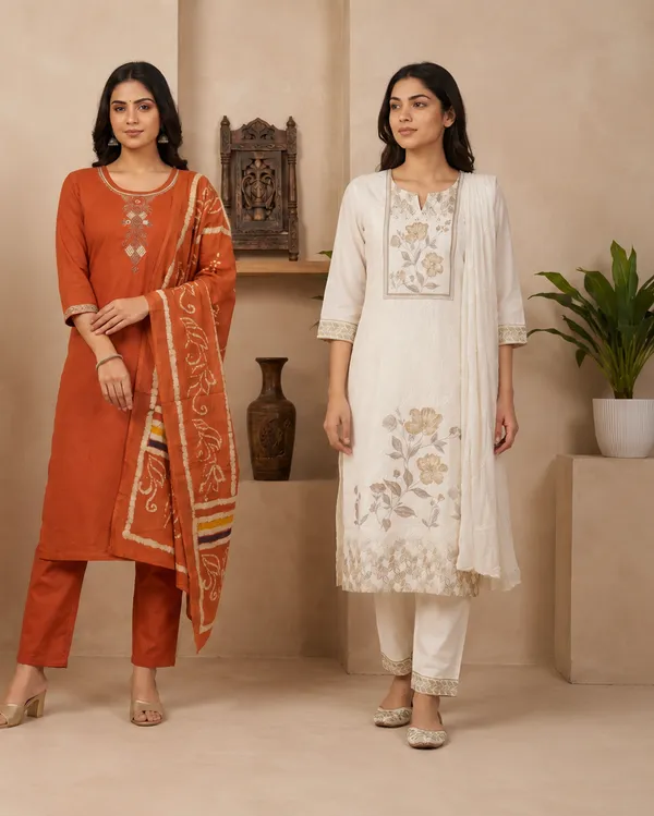 White_And_Rust_Cotton_Embroidered_Floral_Print_Kurta_With_Dupatta_For_Women_Pack_Of_2