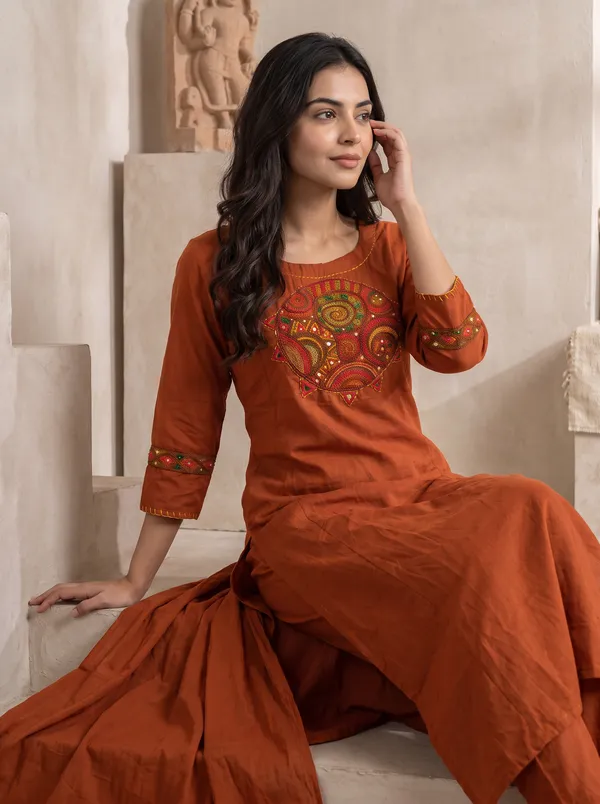 Rust_Cotton_Embroidered_Straight_Kurta_With_Palazzo_And_Dupatta_For_Women