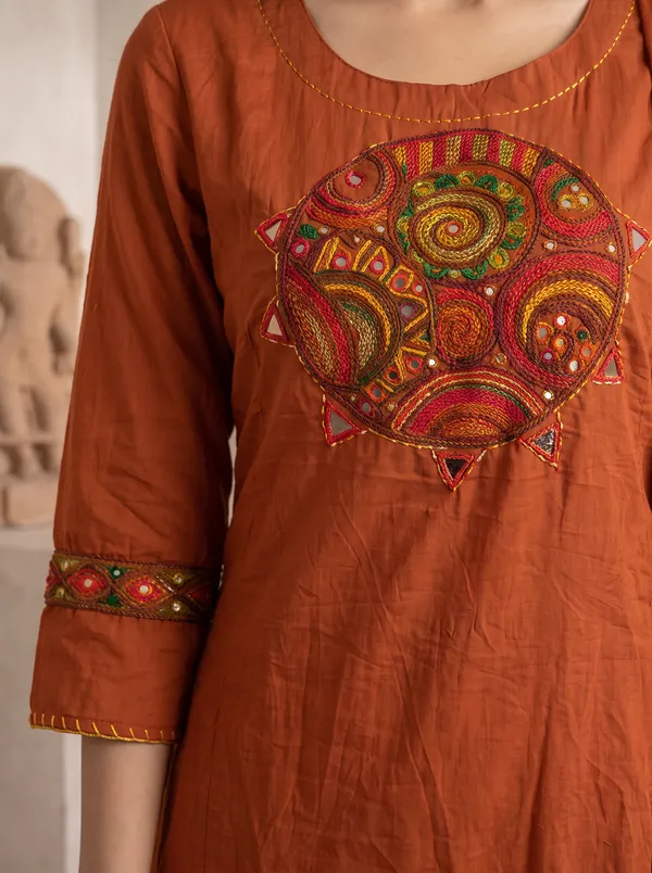 Rust_Cotton_Embroidered_Straight_Kurta_With_Palazzo_And_Dupatta_For_Women