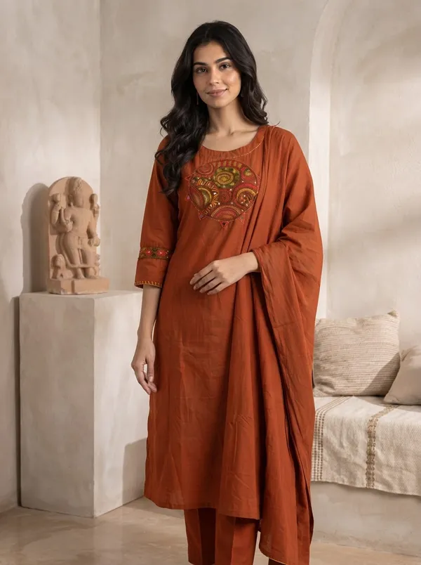 Rust_Cotton_Embroidered_Straight_Kurta_With_Palazzo_And_Dupatta_For_Women