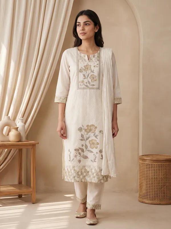 White_And_Green_Cotton_Embroidered_Floral_Print_Kurta_With_Dupatta_For_Women