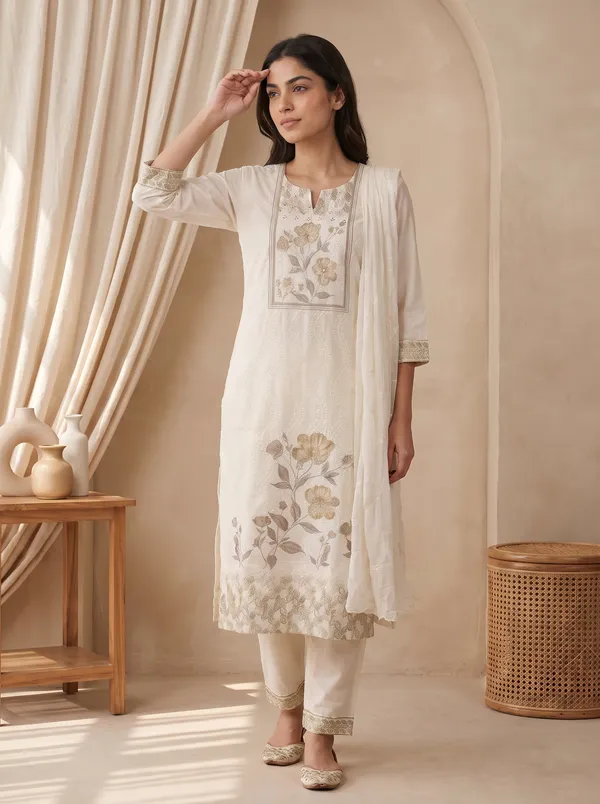 White_And_Green_Cotton_Embroidered_Floral_Print_Kurta_With_Dupatta_For_Women