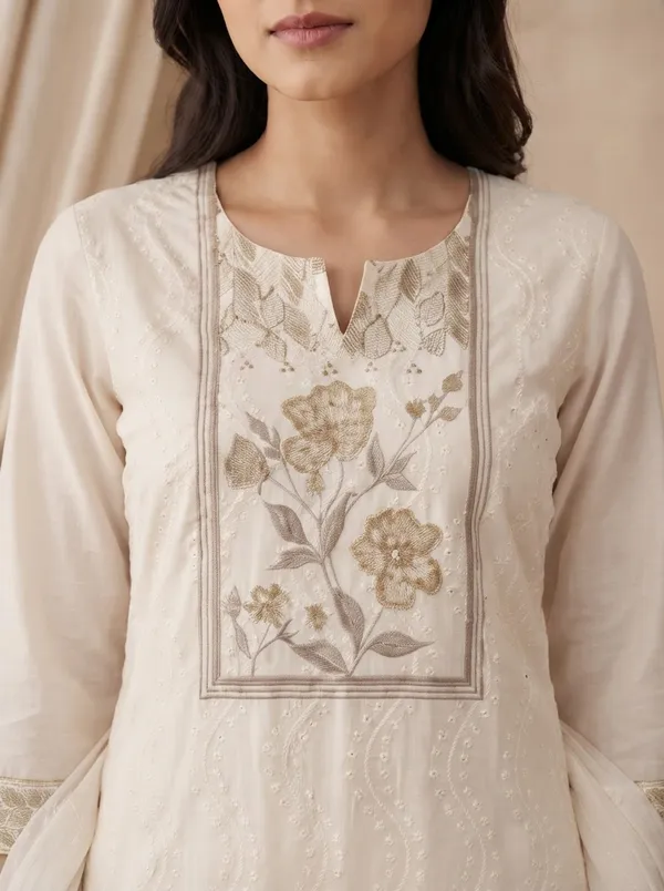 White_And_Green_Cotton_Embroidered_Floral_Print_Kurta_With_Dupatta_For_Women
