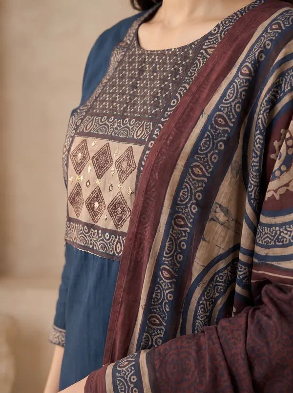 Peacock_Blue_Cotton_Embroidered_Kurta_Palazzo_Set_With_Printed_Dupatta_For_Women
