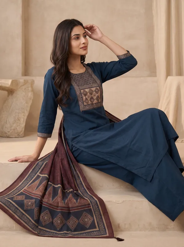Peacock_Blue_Cotton_Embroidered_Kurta_Palazzo_Set_With_Printed_Dupatta_For_Women