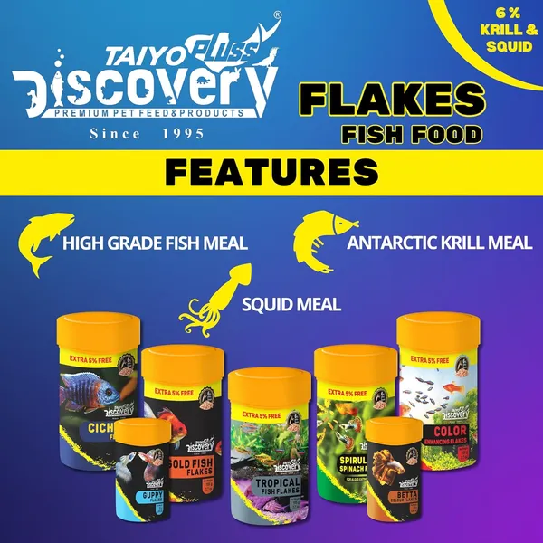 Taiyo_Pluss_Discovery_Tropical_Flakes_Fish_Food_-_52.5_G_(50_G_+_Extra_5%_Free)_(Pack_Of_2)_|_Premium_Slow_Sinking_Diet_For_Fishes_With_Krill_&_Squid_For_Active_Growth_&_Coloration,All_Life_Stages