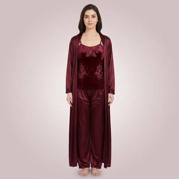 Maroon_Satin_Embroidered_Ethnic_Nighty_For_Women