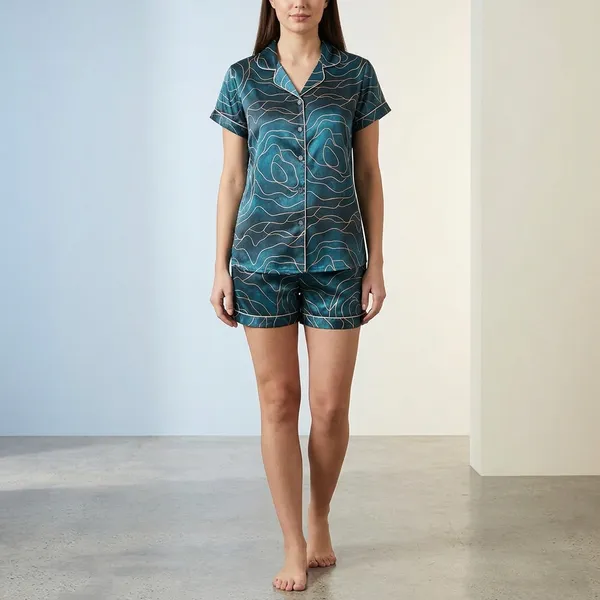 Blue_Satin_Printed_Short_Sleeve_Shorts_Night_Suit_For_Women