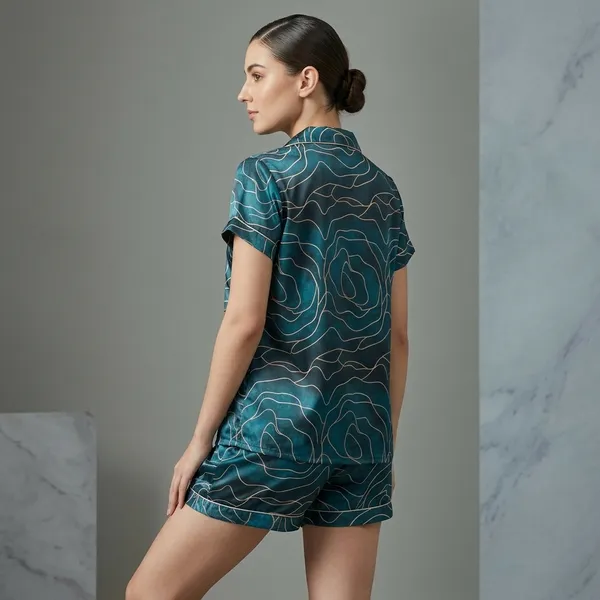 Blue_Satin_Printed_Short_Sleeve_Shorts_Night_Suit_For_Women