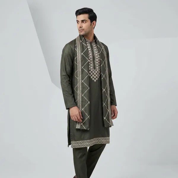Dark_Grey_Cotton_Embroidered_Kurta_Pajama_For_Men