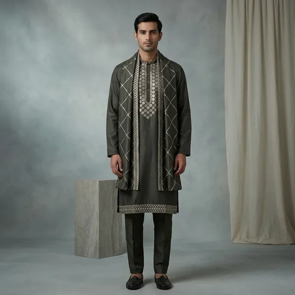 Dark_Grey_Cotton_Embroidered_Kurta_Pajama_For_Men