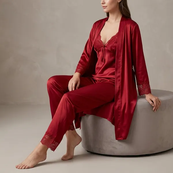 Red_Satin_Lace_Trim_Camisole_Pajama_Set_With_Robe_For_Women