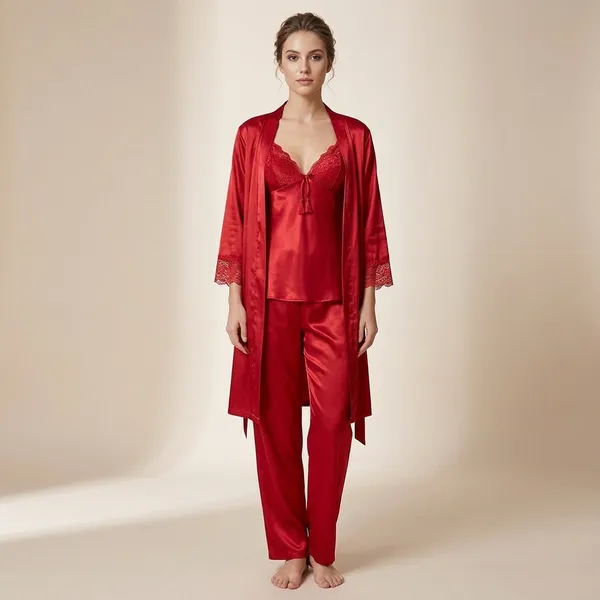 Red_Satin_Lace_Trim_Camisole_Pajama_Set_With_Robe_For_Women