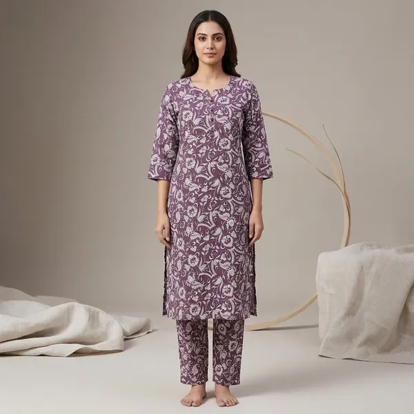 Pink_And_White_Cotton_Floral_Embroidered_Kurti_Night_Suit_For_Women