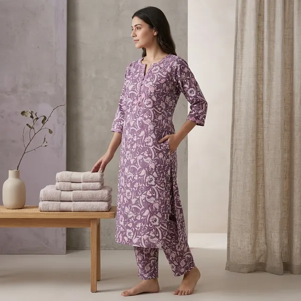 Pink_And_White_Cotton_Floral_Embroidered_Kurti_Night_Suit_For_Women