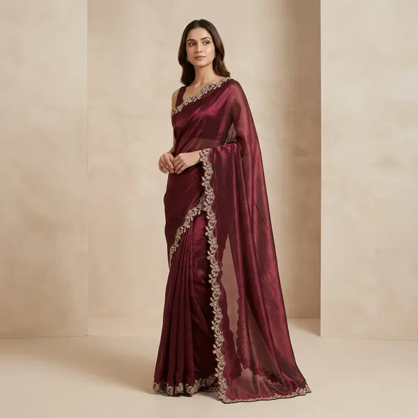 Maroon_Tissue_Silk_Golden_Lace_Trim_Saree_For_Women