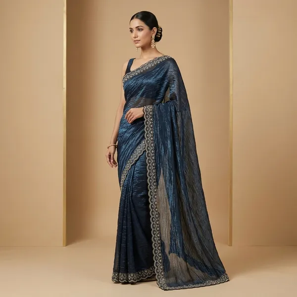 Navy_Blue_Georgette_Embroidered_Golden_Border_Saree_For_Women