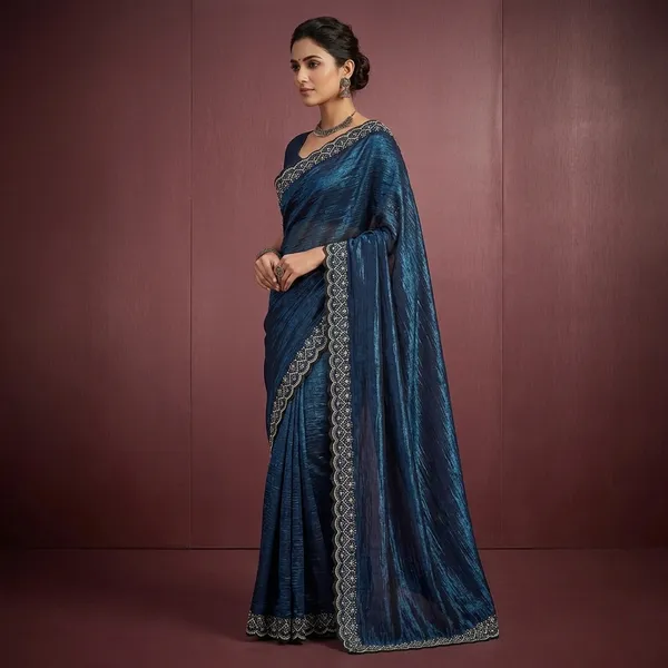 Navy_Blue_Georgette_Embroidered_Golden_Border_Saree_For_Women