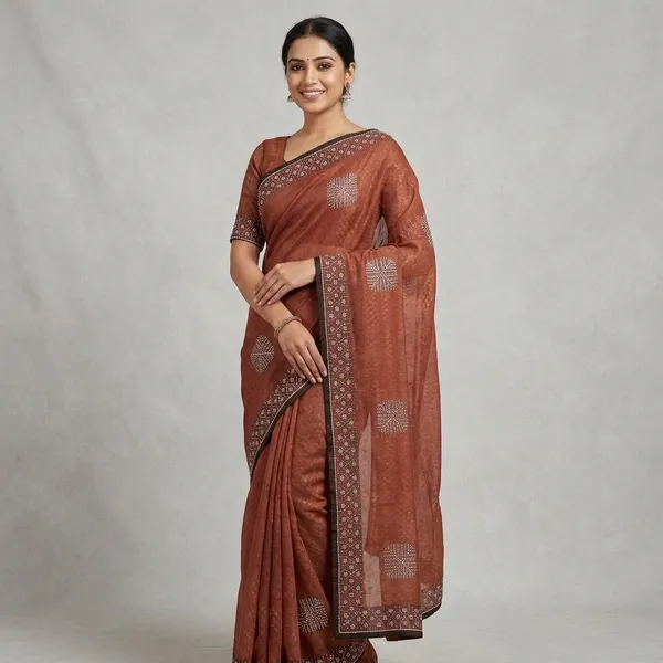 Rust_Brown_Cotton_Bandhani_Print_Saree_For_Women