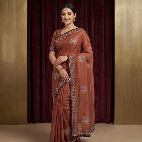 Rust_Brown_Cotton_Bandhani_Print_Saree_For_Women