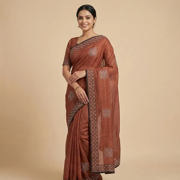 Rust_Brown_Cotton_Bandhani_Print_Saree_For_Women