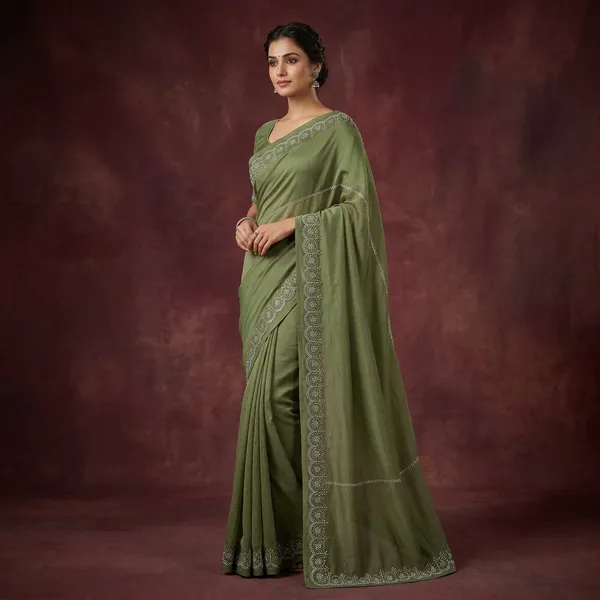 Olive_Green_Silk_Embroidered_Border_Saree_For_Women