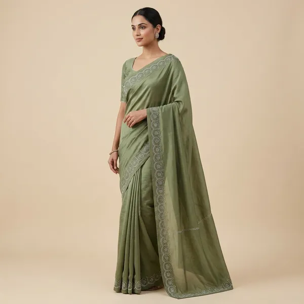 Olive_Green_Silk_Embroidered_Border_Saree_For_Women