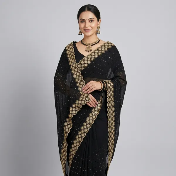 Black_Georgette_Embellished_Golden_Border_Saree_For_Women