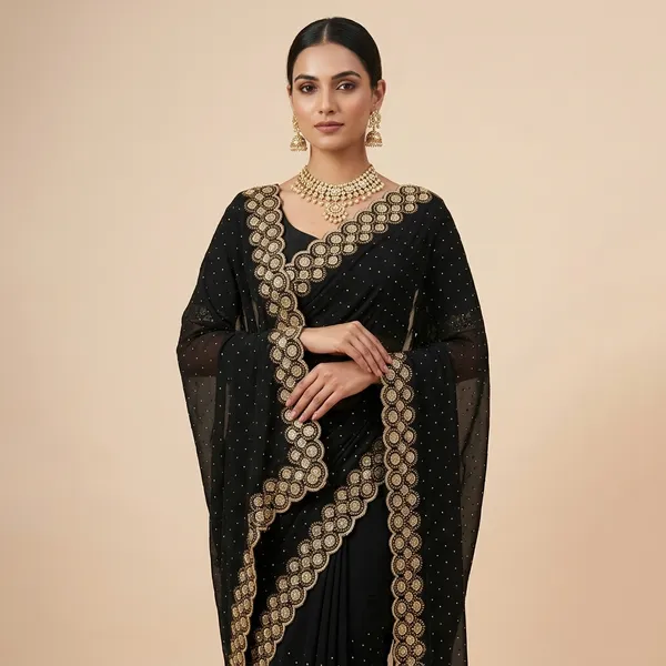 Black_Georgette_Embellished_Golden_Border_Saree_For_Women