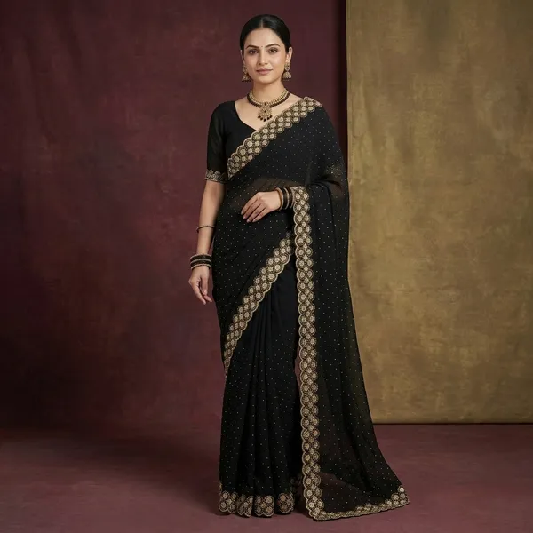 Black_Georgette_Embellished_Golden_Border_Saree_For_Women