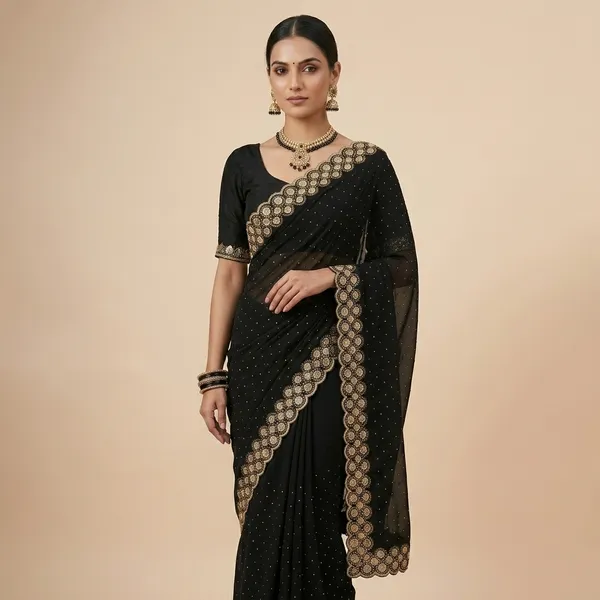 Black_Georgette_Embellished_Golden_Border_Saree_For_Women