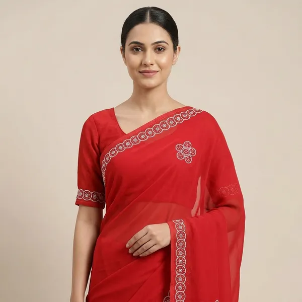 Red_Georgette_Embroidered_Floral_Border_Saree_For_Women