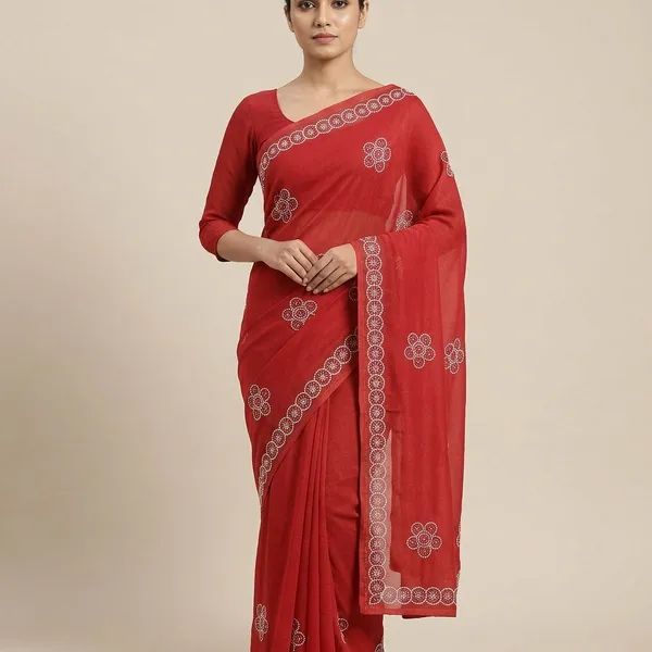 Red_Georgette_Embroidered_Floral_Border_Saree_For_Women